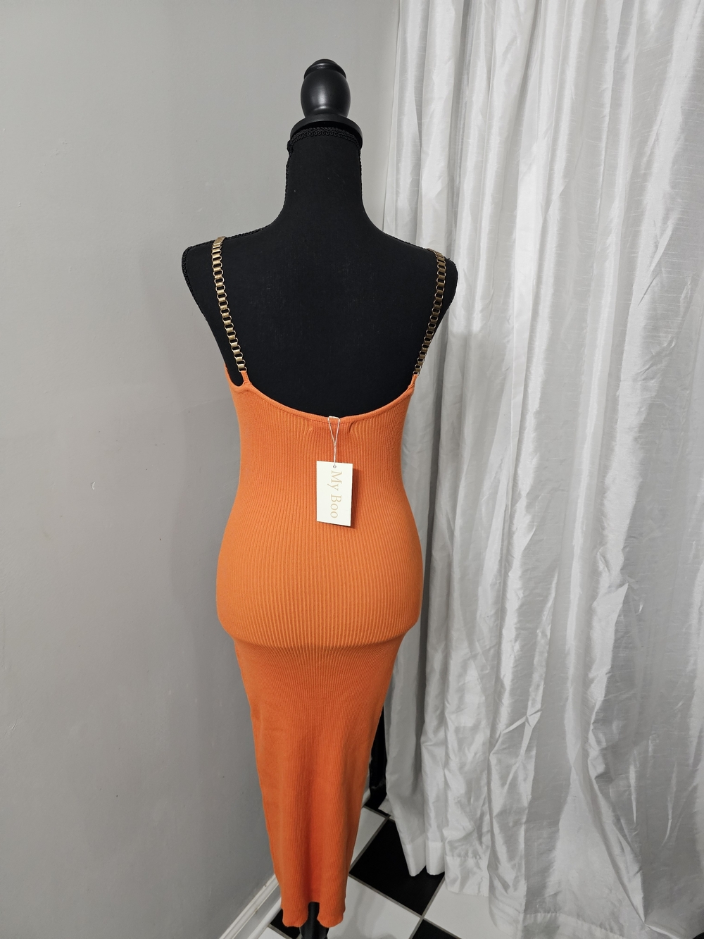 Orange Ribbed Chain-Strap Bodycon Dress - Picture 3 of 3